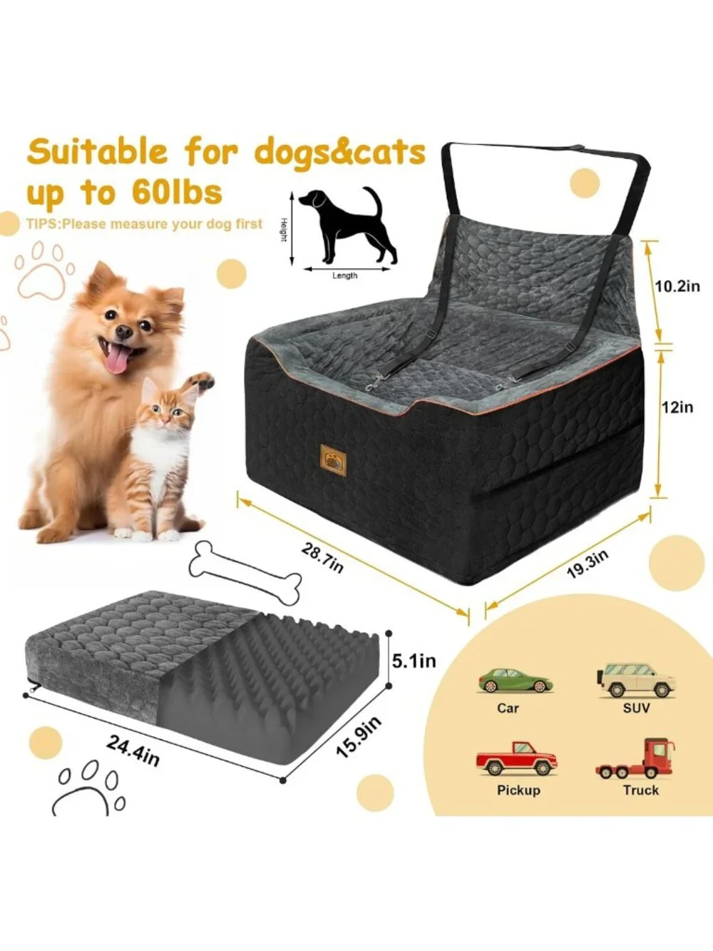 Dog Car Seat for Medium/Large Pets - Booster Seat with Cushioned Comfort